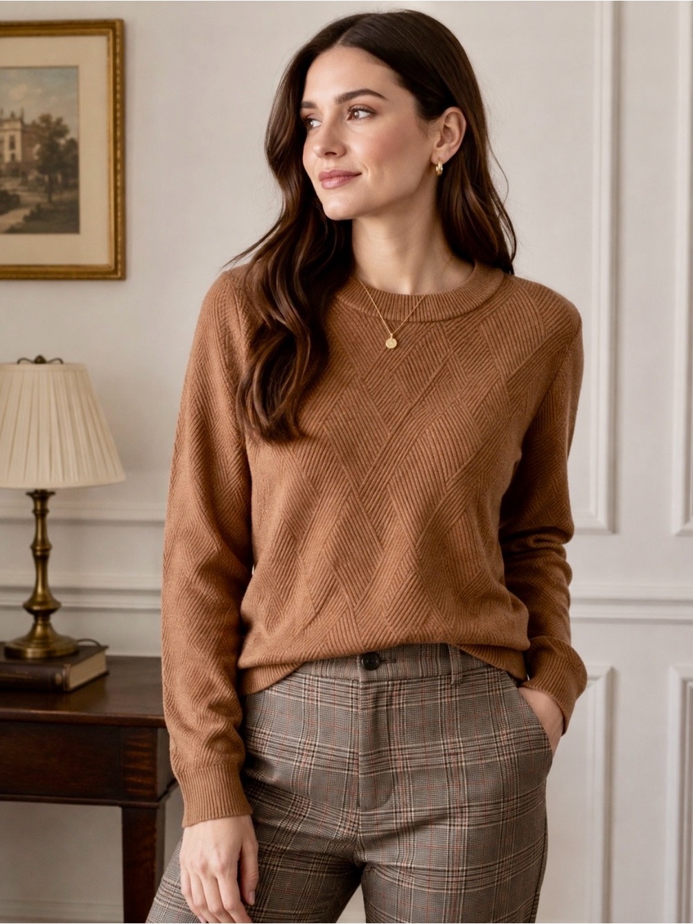 Gentle Herd Women’s Med Camel Textured Diamond Knit Sweater NWT Academia